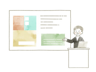 スクリーンやホワイトボードを使って説明をする男性-水彩