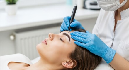 Fototapeta premium A beautician performs a permanent makeup microblading procedure on the eyebrows of a client. Eyebrow tattooing and cosmetic enhancement.
