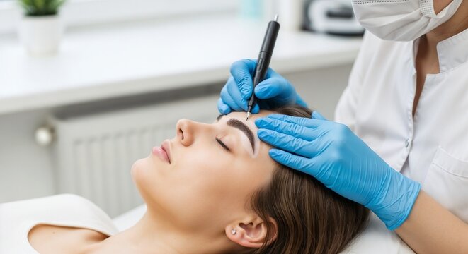 A beautician performs a permanent makeup microblading procedure on the eyebrows of a client. Eyebrow tattooing and cosmetic enhancement.