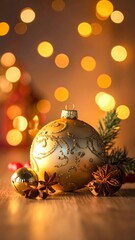 Close-up of gold ornament with details, sprig, spices, bokeh lights, and warm wooden surface. Festive ambiance