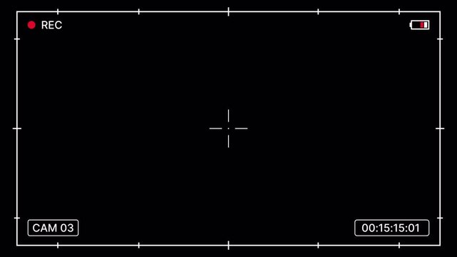 Digital camera monitor frame overlay on black background with record indicator, timecode counter, battery status and camera label panel for editor and entertainment. 4K Video