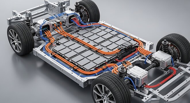 Detailed undercarriage view of electric vehicle chassis with battery pack and wiring