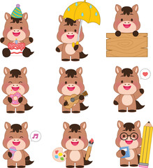 Obraz premium Cute Horse Mascot Daily Activity Illustration Set