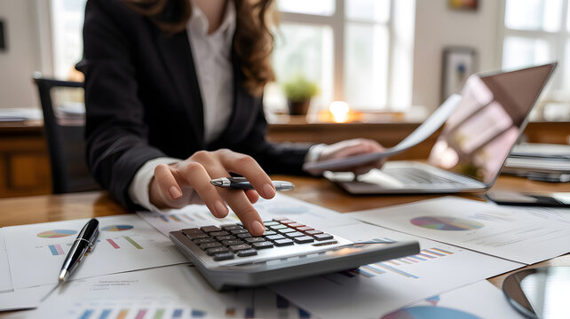 Businesswoman calculating finances with calculator and laptop analyzing charts and data for financial planning office work concept.