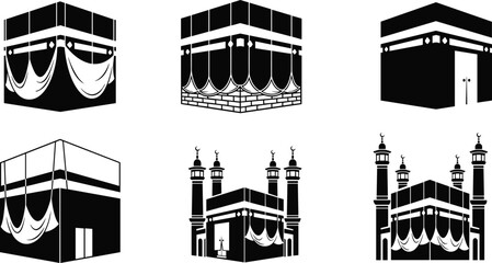 Kaaba silhouette illustration set, six black icons varied perspectives domes minarets drapery Islamic architecture design, vector artwork, religion and cultural theme, isolated background © MDMORSEDUL