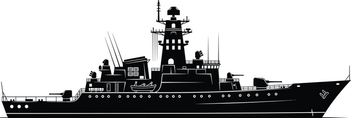 Military naval ship silhouette illustration, warship destroyer frigate radar antennas gun turrets missile launcher design, vector artwork, defense and technology theme, isolated background © MDMORSEDUL