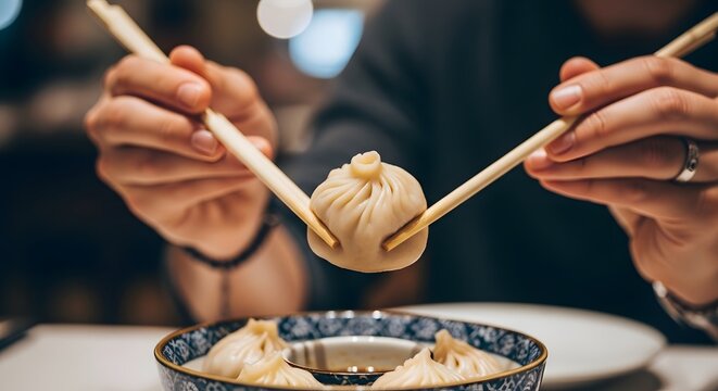 Sharing Dumplings with Chopsticks at Restaurant.