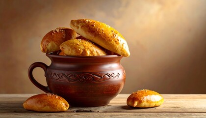 Close-up of golden baked pastries overflowing from a rustic brown earthenware pot on a weathered wooden table. Soft lighting
