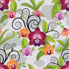 Seamless Pattern of Colorful Orchids and Green Leaves