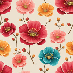 Seamless pattern of vibrant watercolor flowers on a light background