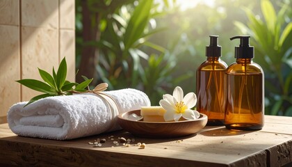 The still image depicts a tranquil spa atmosphere, complete with candlelight, essential oils, natural soaps, soft towels, and flowers