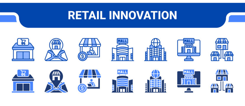 Retail Innovation Icon Collection,  featuring Storefront, Retailer, Merchant, Mall, Emporium, Digital, Marketplace.