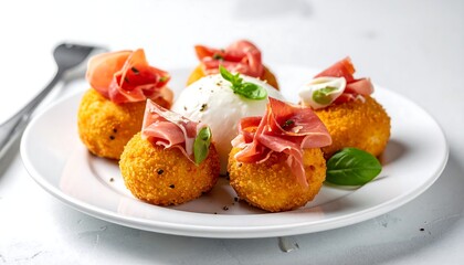 Close-up of golden, crispy spheres and a soft, white orb, topped with cured meat and fresh basil on a white plate