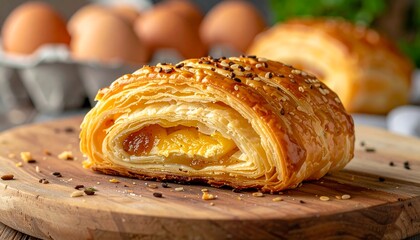 Close-up of golden, flaky pastry filled with eggs and ingredients, sitting on a wooden board. Background shows eggs in carton and additional pastry