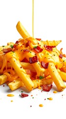 Close-up of golden french fries coated in melted orange cheese and topped with crumbled bacon pieces. Some flecks on surface