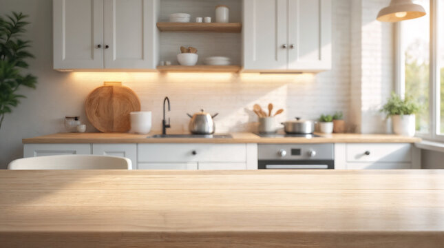 wooden tabletop in foreground with light oak texture and smooth clean surface and bright modern