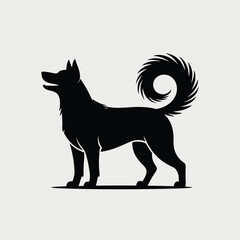 Fototapeta premium Black Silhouette of a Dog with Curly Tail Standing on White Background d