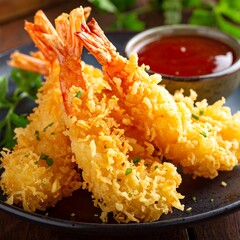 Close-up of golden fried crustaceans, served with a small bowl of vibrant red sauce and garnished with fresh green herbs