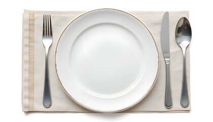 A top view of a napkin, fork, and spoon on a white background with a clipping path