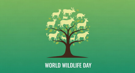 Obraz premium World wildlife day illustration with deer on tree green background conservation concept