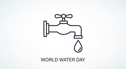 World water day faucet icon with single drop falling symbolizing water conservation and awareness on a white background