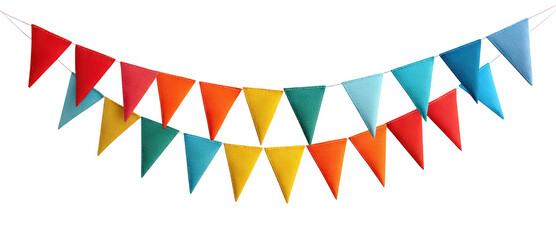 Obraz premium Colorful festive bunting flags in two rows, isolated on transparent cutout background