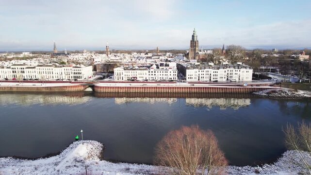 Hanseatic Dutch tower town Zutphen in the Netherlands covered in snow revealing the historic medieval street plan