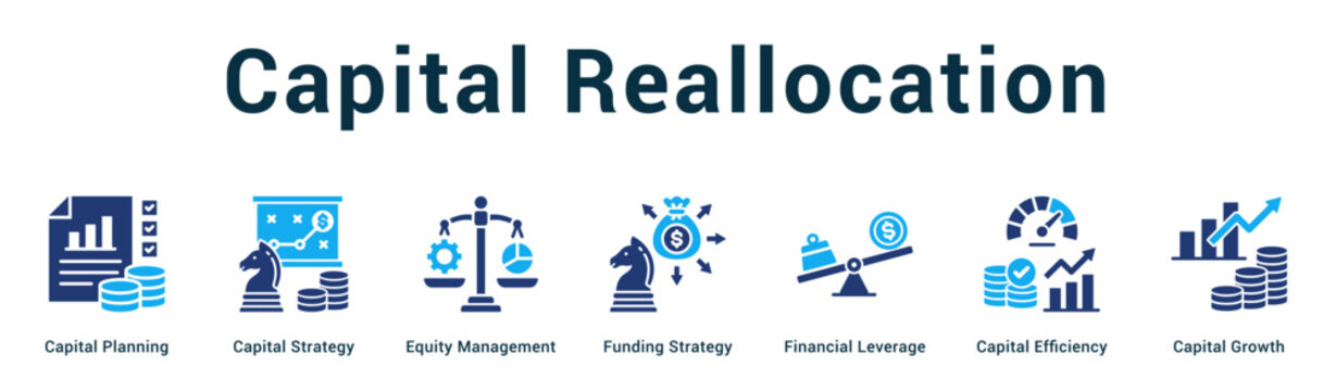 Capital Reallocation  Modern and clean web banner illustration vector featuring thematic icons