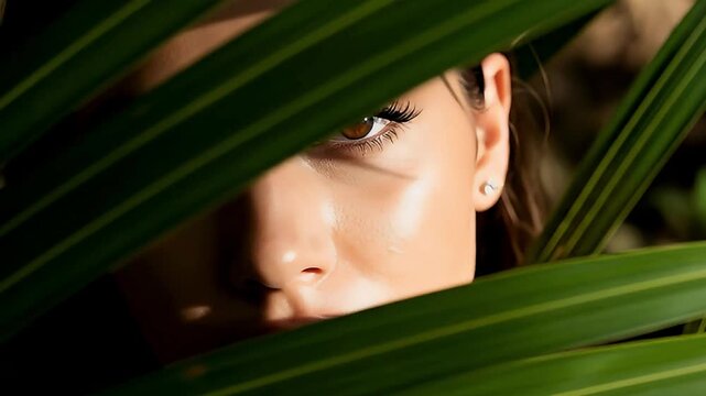 A captivating close-up of expressive human eyes peeking through lush, vibrant green tropical foliage, with natural sunlight casting dynamic highlights and shadows on the skin. The eyes subtly open, cl