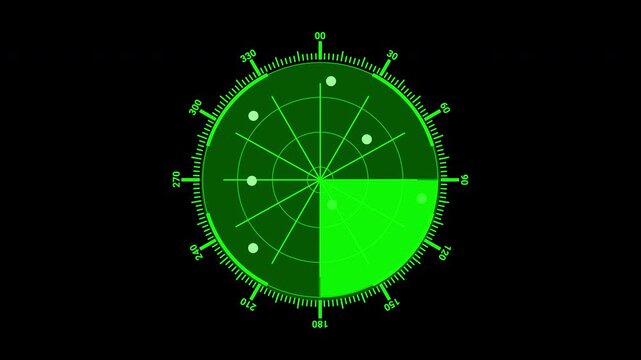 Military search system with dots on black background, perfect for technology, surveillance, tracking, and military concept designs or presentations.