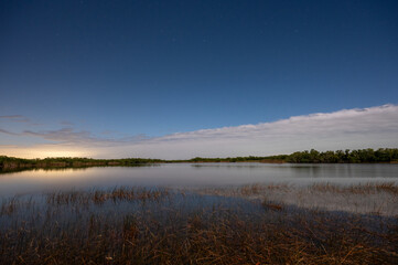 Fototapeta premium Nine Mile Pond in Everglades National Park, Florida brightly illuminated by light of full moon with light pollution on horizon.