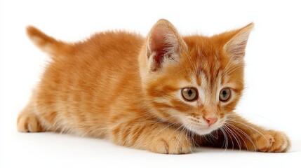 Obraz premium A curious orange tabby kitten crouches on a white background, ready to pounce or play.