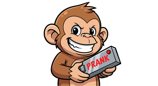 Mischievous monkey holding a prank device with a sly grin.