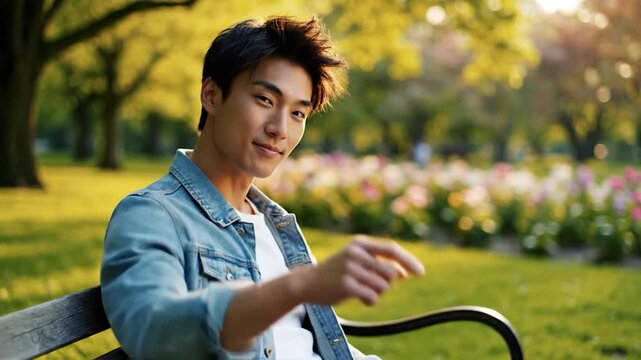 A young man relaxes on a park bench, enjoying the peaceful outdoor environment.