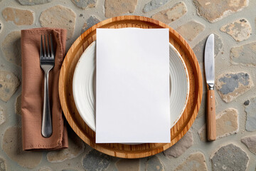 Blank menu mockup on wooden plate with cutlery and brown napkin on stone background.
