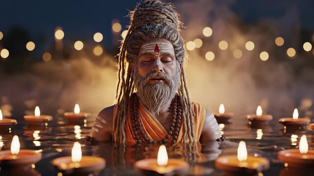 Indian sadhu in deep meditation, captured in a dramatic close-up with warm glowing lamps.