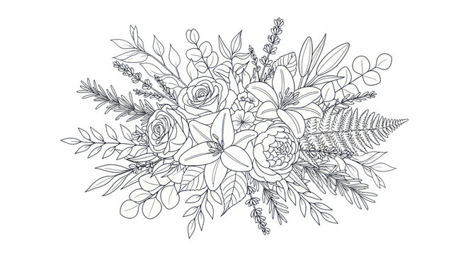 Elegant Floral Line Art Bouquet - Hand Drawn Flowers and Leaves Sketch