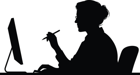 Person silhouette at desk with computer, working illustration, digital creativity concept, remote study design, technology art, focused profile © Jonn
