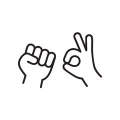 Fototapeta premium A simple line drawing of two hands, one forming a fist and the other an okay gesture, against a plain white background from a straightforward viewpoint illustrating a common gesture.