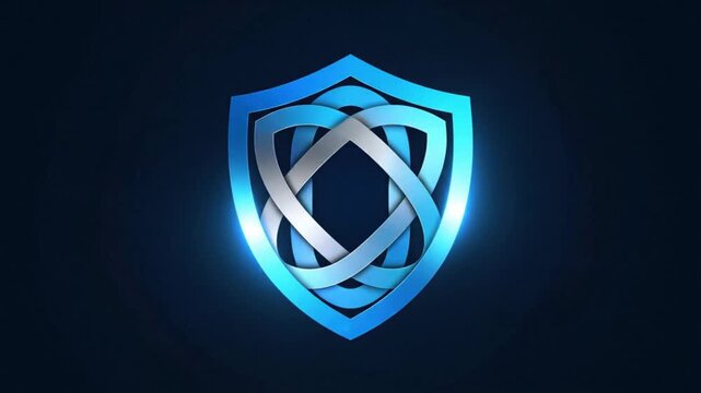 Glowing blue shield logo with crisscrossing silver lines on a dark background, with a bright white highlight.