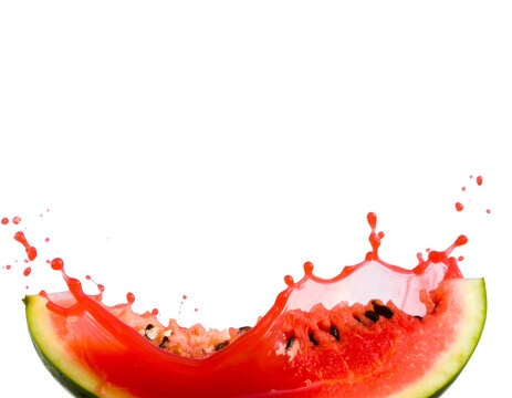 A vibrant watermelon slice explodes in a burst of red juice, creating a dynamic splas  (3)