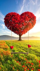 A heart-shaped tree on a green field with a swing