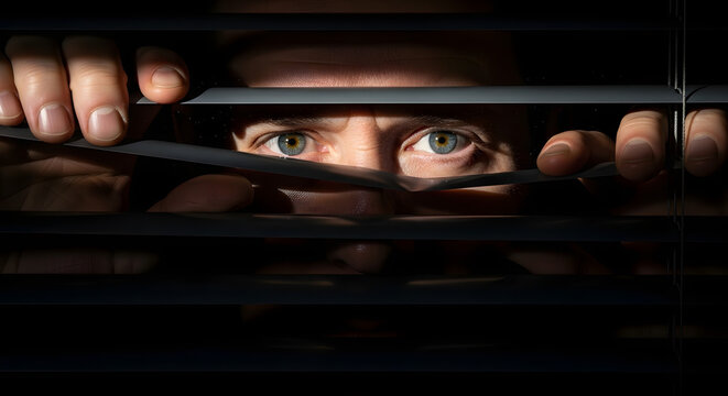 Man peeking through closed blinds with intense gaze
