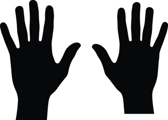 Obraz premium Black silhouette of raised human hands isolated on white background, open palms gesture symbol design element