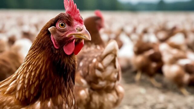 A detailed close-up shot features a beautiful brown hen with a vibrant red comb and wattles, standing alertly in an expansive outdoor field. In the background, a large flock of other domestic fowl roa