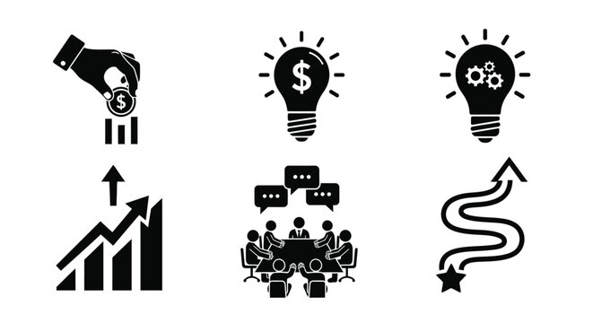 Startup Corporate Silhouette Icon Set depicting Leadership, Growth, Innovation, Teamwork and Progress in a Modern Business Environment from a Front View