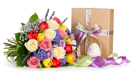 A beautifully arranged bouquet of flowers with a gift box on the side