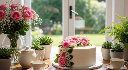 A beautifully decorated cake adorned with pink roses and surrounded by potted plants.