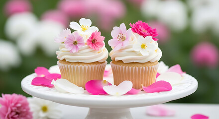 Delightful cupcakes adorned with vibrant flowers on a white cake stand.