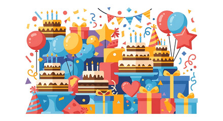 Vibrant birthday celebration with cakes, balloons, and festive decorations